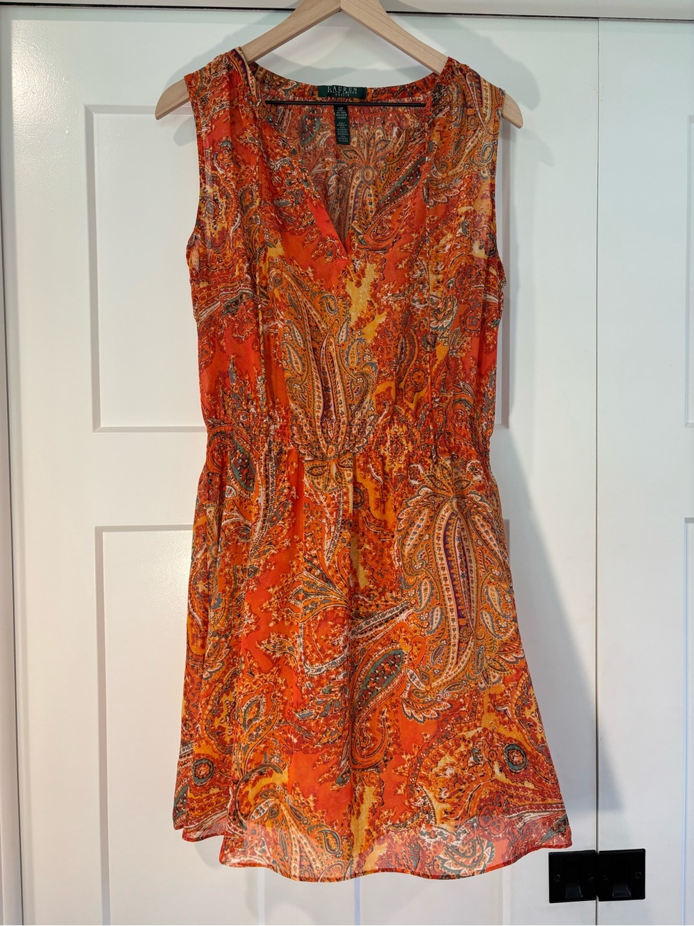 Ralph Lauren Orange Paisley V-Neck Mini Dress